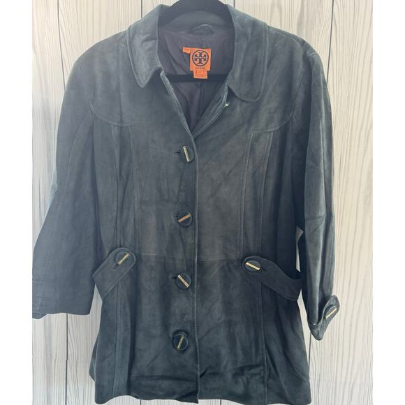 Tory Burch Leather/Suede Jacket Gray Blue Leather Button Up Jacket Size 14 r1 - Picture 1 of 10
